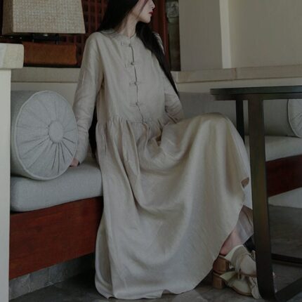 Women s linen dress long sleeves Mid dress plus F197