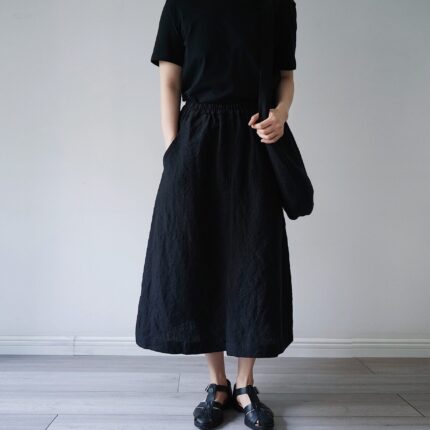 Women s Linen skirts with pockets midi skirts elastic C03