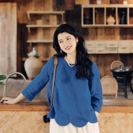 Linen tops women long sleeves blouses loose soft casual F352